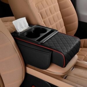 Faux Leather 5-In-1 Car Arm Rest Cushion With Cup Holder (Black-Red)