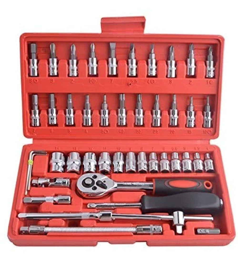 Steel 46-In-1 Tool Kit (Silver-Red) – Ratchet Socket Set with Screwdriver Bits Steel 46-In-1 Tool Kit (Silver-Red) – Ratchet Socket Set with Screwdriver Bits - Image 3